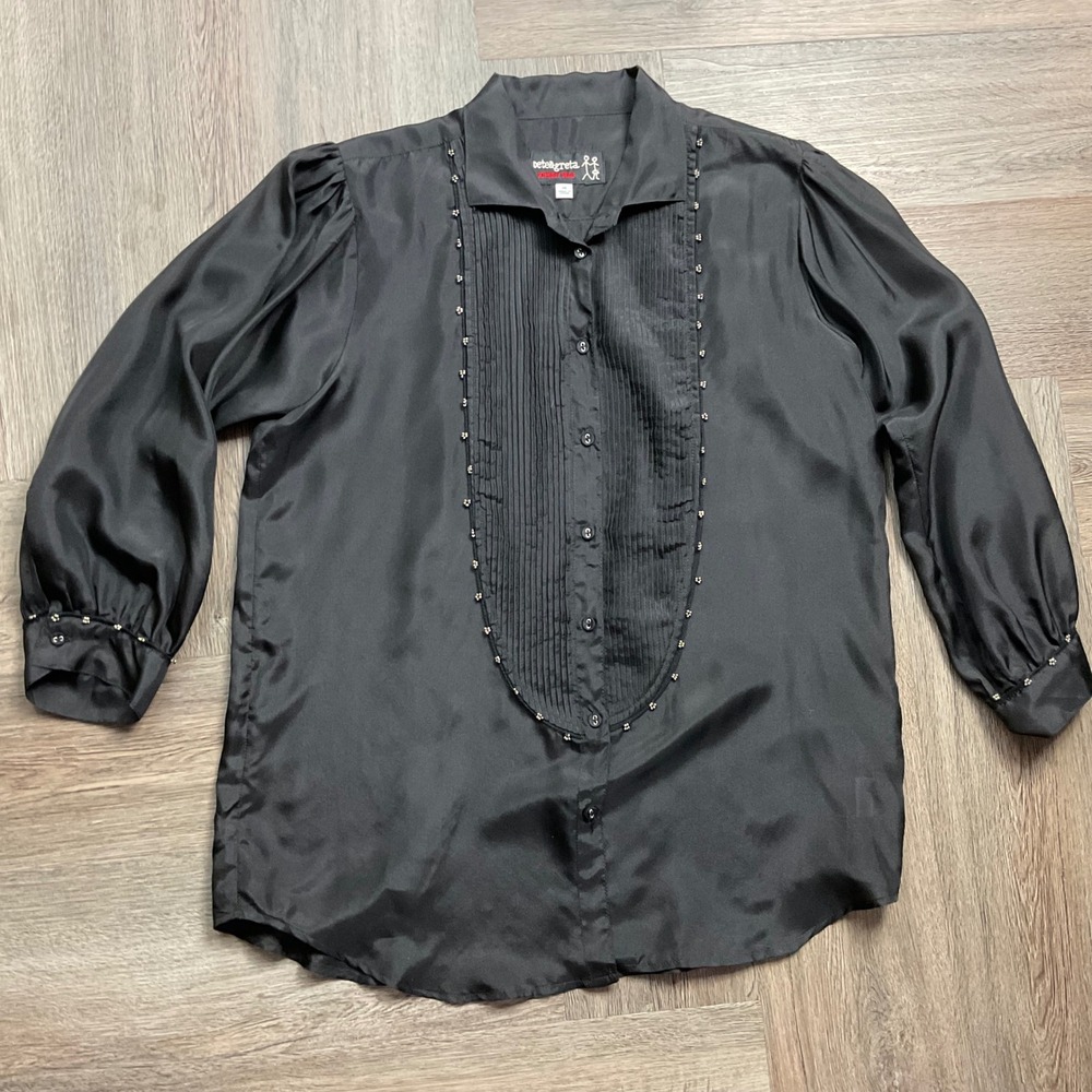 Pete & Greta Johnny Was Blouse Womens XS Black Silk Tuxedo Pleated Bib Beaded